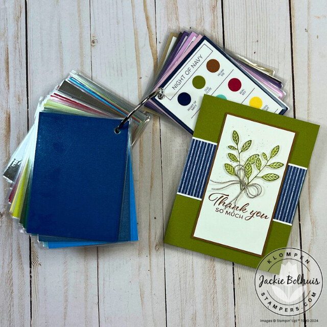 Handmade card designed with the Stampin' Up! stamp set Layering Leaves lying with a Color Coach, a tool to help coordinate colors to find card inspiration. 