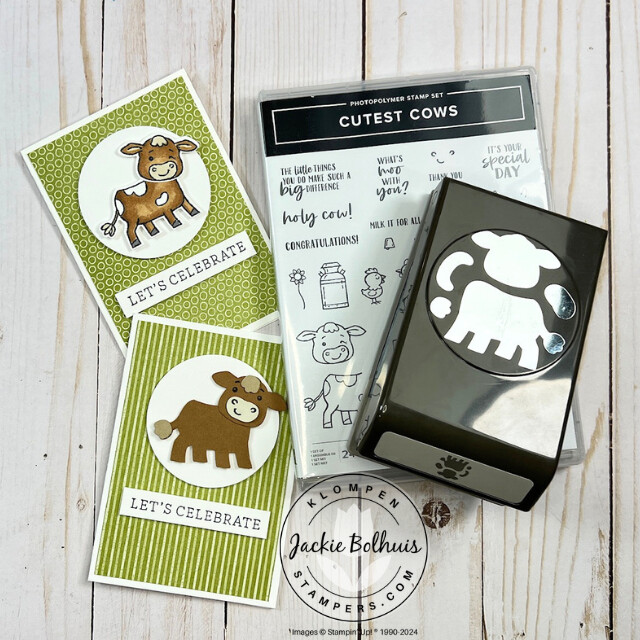 Two handmade cards designed with the Cutest Cows Bundle (stamp set and punch) as a part of a project to teach paper crafters about card making punches.