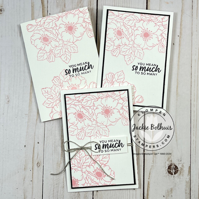 Three handmade cards to show the progression of a simply stamped card and how to step up your cards with a few embellishments. Cards designed with the stampin' Up! stamp set Enduring Beauty.
