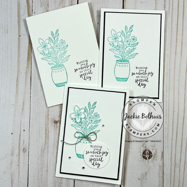 Three handmade cards to show the progression of a simply stamped card and how to step up your cards with a few embellishments. Cards designed with the stampin' Up! stamp set Everyday Details.
