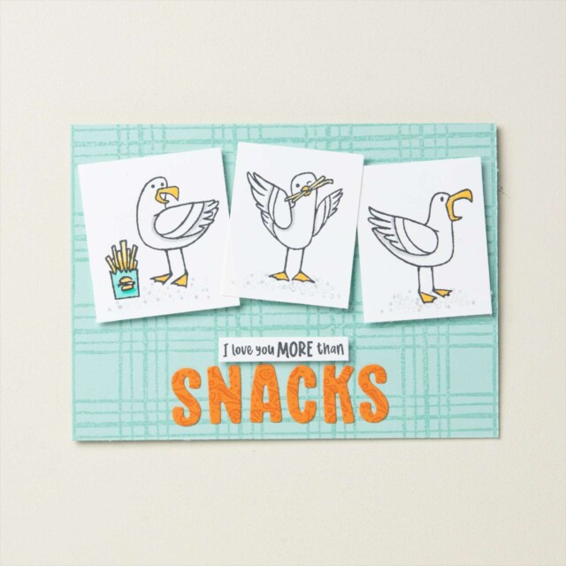 A handmade card designed with seagull stamps.