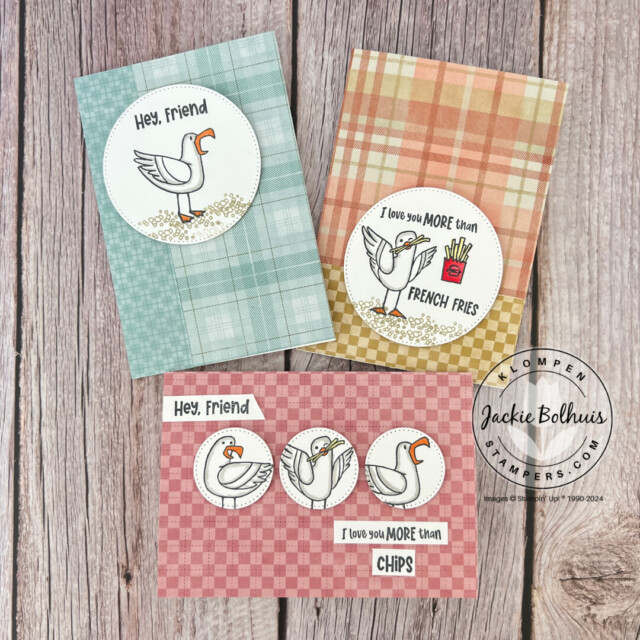 Three handmade cards that have a patterned paper on the front with a punched out seagull image.