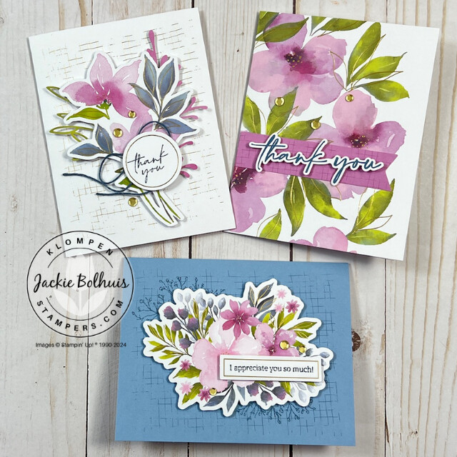 The three handmade cards designed from the Stampin' Up! Garden of Thanks Card Kit that were made in the Card Making 101 video class 5.