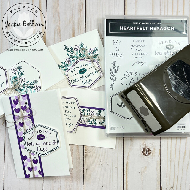 Handmade cards, the Heartfelt Hexagon stamp set, and the Heartfelt Hexagon punch. Cards and products are a part of a project for the Card Making 101 series, Class 10: All About Punches For Card Making.