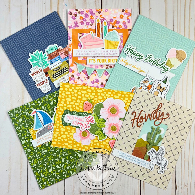 6 card examples from Card Making 101, Class 6, Mix & Match Card Making. Each card has a different color and printed card base with different images designed in collages from Stampin' Up! Ephemera Packs.
