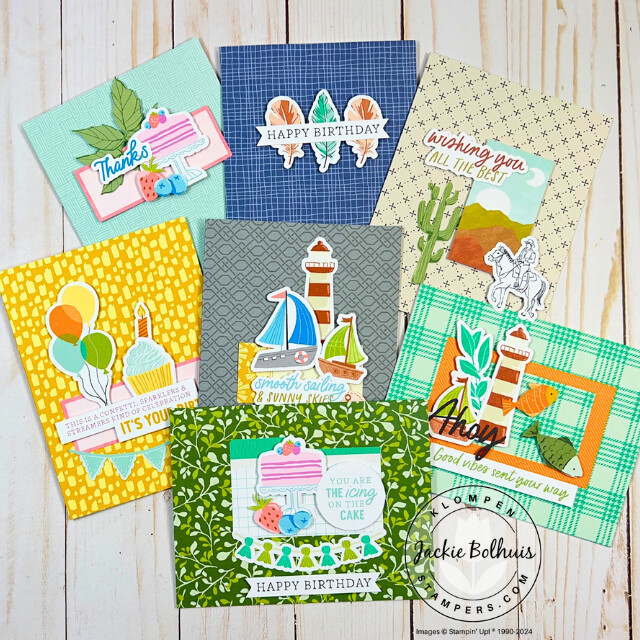 7 card examples from Card Making 101, Class 6, Mix & Match Card Making. Each card has a different color and printed card base with different images designed in collages from Stampin' Up! Ephemera Packs.