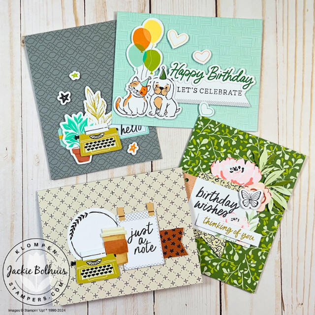 4 easy card making examples from Card Making 101, Class 6, Mix & Match Card Making. Each card has a different color and printed card bas, different images designed in collages from Ephemera Packs, and a different stamped sentiment.