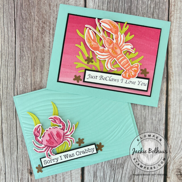 Two handmade card ideas designed with the Friends of the Ocean Suite. Cards have fun crab and lobster images.