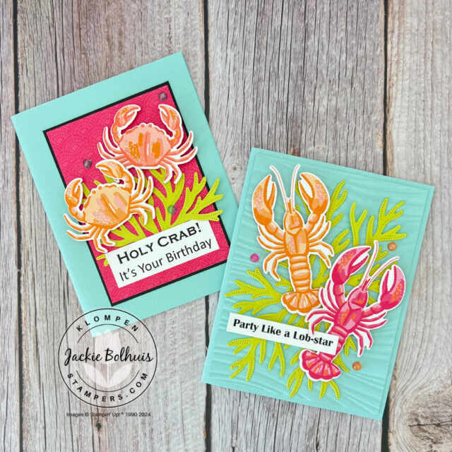 Two handmade card ideas designed with the Friends of the Ocean Suite. Cards have fun crab and lobster images.