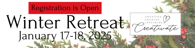 Promo graphic for the Creativate Online Stamping Retreat, Winter Retreat 2025, to say the registration is now open.