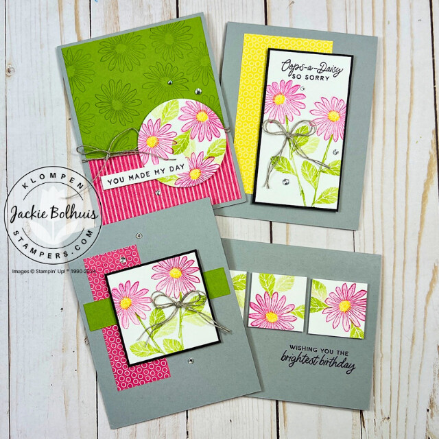 Four handmade cards designed with the Stampin' Up! stamp set Cheerful Daisies, a project from the Card Making 101 series, Class 11: Where To Find Card Ideas To Make.