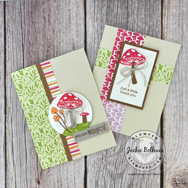 Two handmade cards designed with the Stampin' Up! Bundle Terrific Toadstools. Cards are designed with colorful mushrooms.