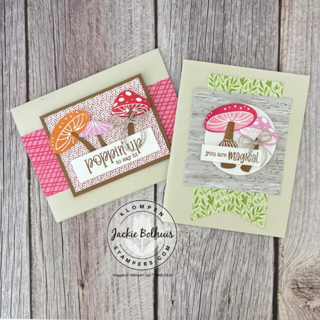 Two handmade cards designed with the Stampin' Up! Bundle Terrific Toadstools. Cards are designed with colorful mushrooms.