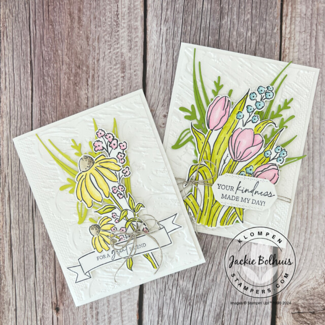 Two handmade cards on white card bases designed with bright, spring colored flowers.