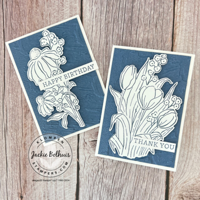 Two simple cards with a white card base, blue layer, and large stamped floral outline images stamped in blue.
