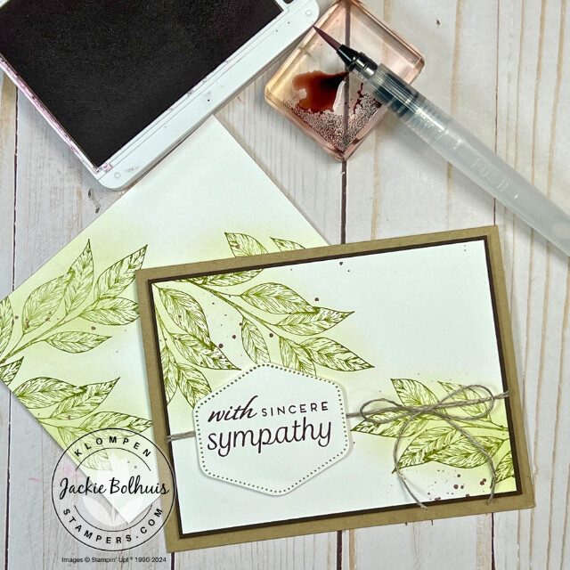 Handmade sympathy card that has stamped leaves with a subtle highlight behind them using blending brushes. Card also has brown speckles that were made using the Water Painter.