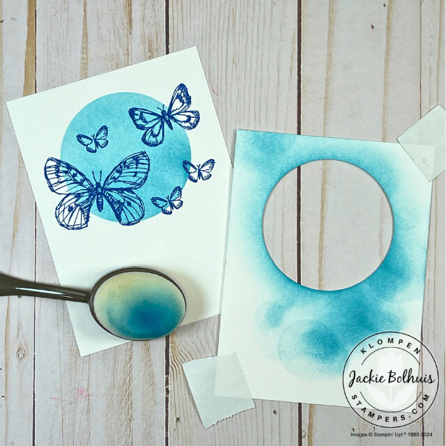 The mask and the card front from demonstrating the masking technique with blending brushes during card making 201, class 3, Card Making 201: Fun Ways To Use Blending Brushes.