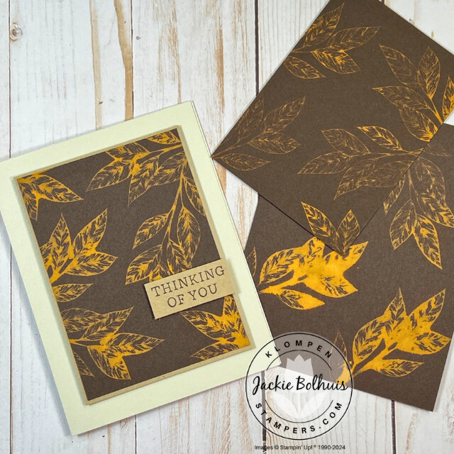 Handmade card made in Card Making 201, class 7, Bleach Technique. Card is made by stamping the leave image using a bleach ink pad that we made using a paper plate, paper towel, and bleach. The bleach changed the color of the brown cardstock to be a yellow/gold color.