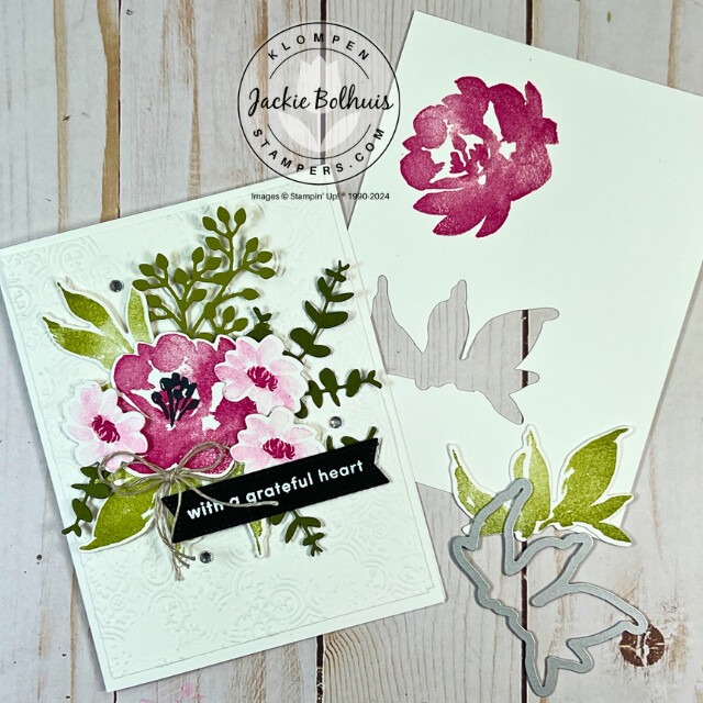 Handmade card created in Card Making 201, Class 5: Stampin' Cut & Emboss Machine, to show how to use the machine to use coordinating die cuts with stamp sets. Card has an elegant floral design that was pieced together with different die cut pieces.