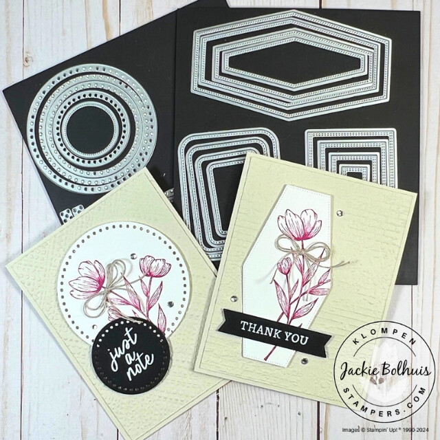 Handmade cards created in Card Making 201, Class 5: Stampin' Cut & Emboss Machine, to show how to use the machine to use stand alone dies to die cut shapes for focal layers and sentiments. Both cards have a stamped flower in pink.