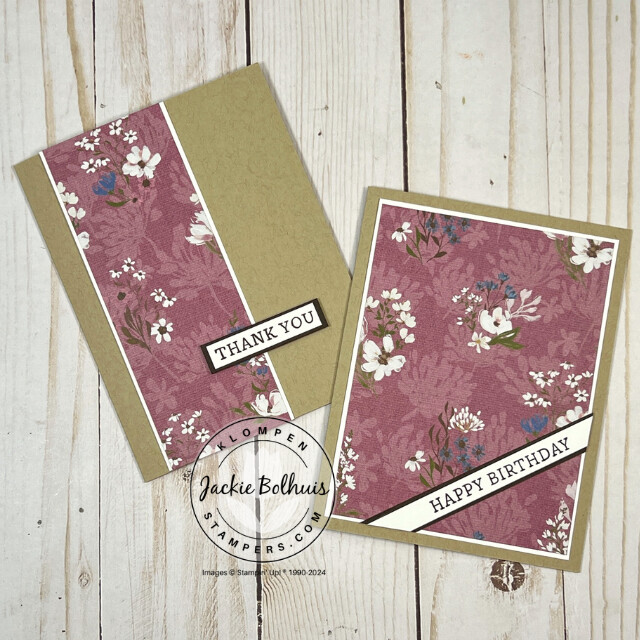 Two handmade cards for a Design with DSP project taught in Card Making 201, Class 1: Design with DSP. The thank you and happy birthday card are designed with the Wildly Flowering Designer Series Paper.
