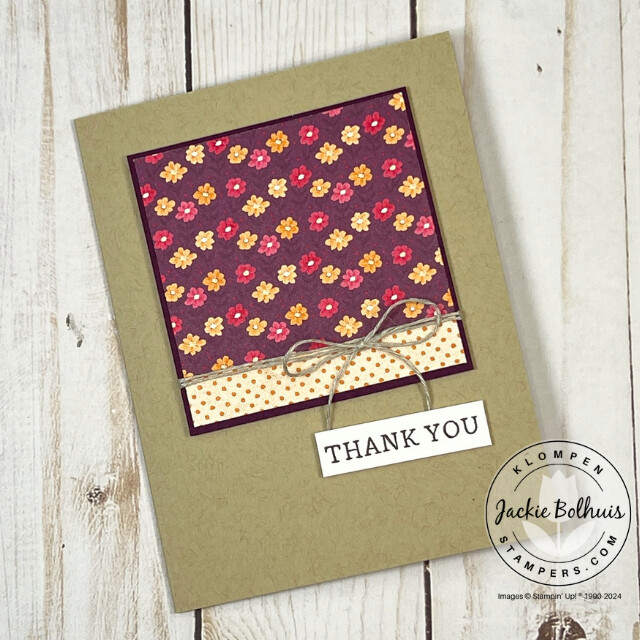 Handmade card for a Design with DSP project taught in Card Making 201, Class 1: Design with DSP. Thank you card is designed with the To Market Designer Series Paper.
