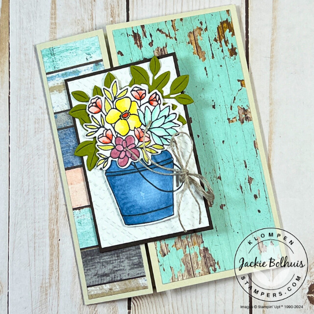 Front the of fun fold card made in Card Making 201, Class 8: Fun Fold Card Ideas. Card has a colorful floral arrangement as the focal image.