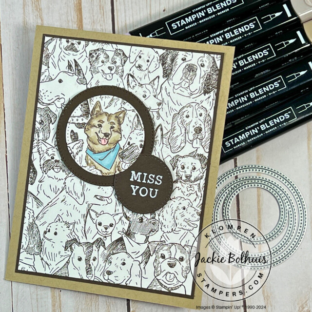 The handmade card made in Card Making 201, Class 6: Quick & Easy Spotlighting Technique. Card is stamped with the Doggone Friendly background stamp and one dog has been die cut out and colored with Stampin' Blends.