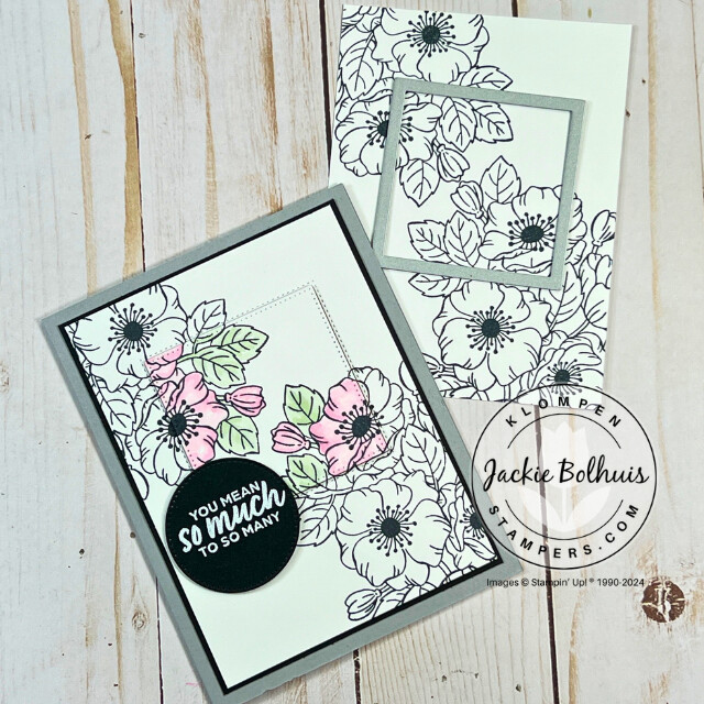 Handmade card sahred in Card Making 201, Class 6: Quick & Easy Spotlighting Technique. Card is stamped with the Enduring Beauty stamp set, and then the center is die cut with a square to be colored and adhered back on.