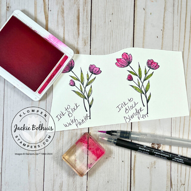 Two examples of easy watercolor techniques showing the difference between coloring with an ink pad and water painter or blender pen.