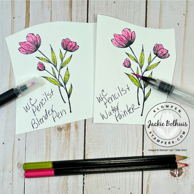 Two examples of easy watercolor techniques showing the difference between coloring with watercolor pencils and blending with a blender pen or water painter.