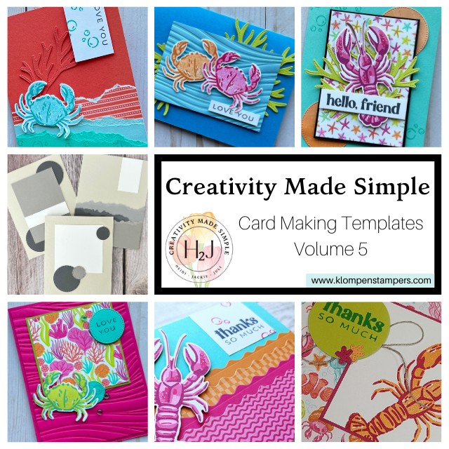 The Creativity Made Simple Volume 5 Card Making Templates promotional graphic. There is a close up images of the three card templates made in the class, along with close up images of six different handmade cards.
