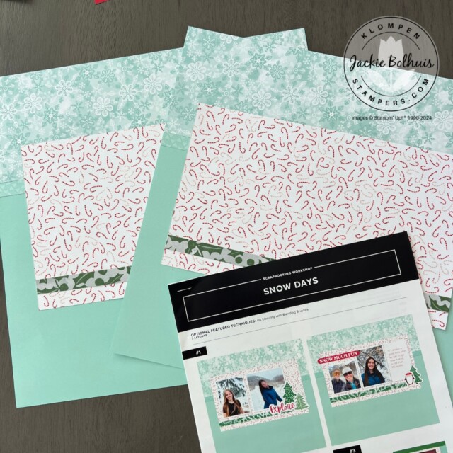 The Snow Days scrapbooking kit page bases with the instructions lying on top.