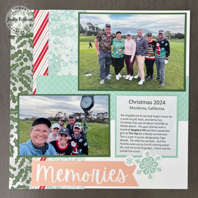 A page from the Stampin' Up! Snow Days scrapbooking kit. A project example to show scrapbooking for beginners and how easy memory keeping can be. This page is winter-themed with golf photos adhered.