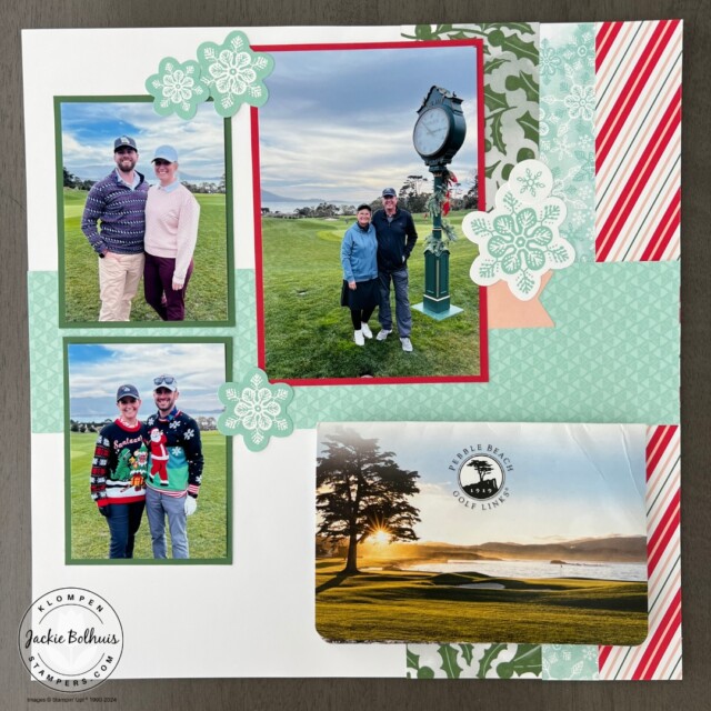 A page from the Stampin' Up! Snow Days scrapbooking kit. A project example to show scrapbooking for beginners and how easy memory keeping can be. This page is winter-themed with golf photos adhered.
