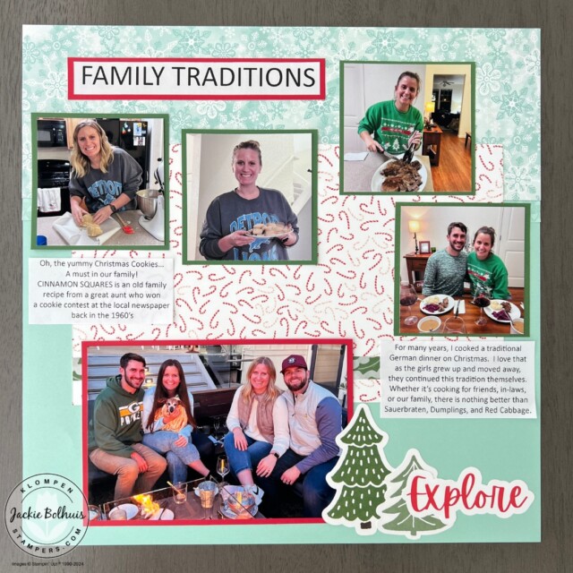 A page from the Stampin' Up! Snow Days scrapbooking kit. A project example to show scrapbooking for beginners and how easy memory keeping can be. This page is winter-themed with cookie, dinner, and drink photos adhered.