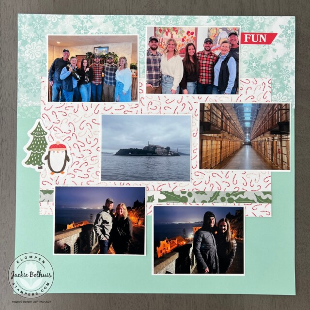 A page from the Stampin' Up! Snow Days scrapbooking kit. A project example to show scrapbooking for beginners and how easy memory keeping can be. This page is winter-themed with family photos adhered.