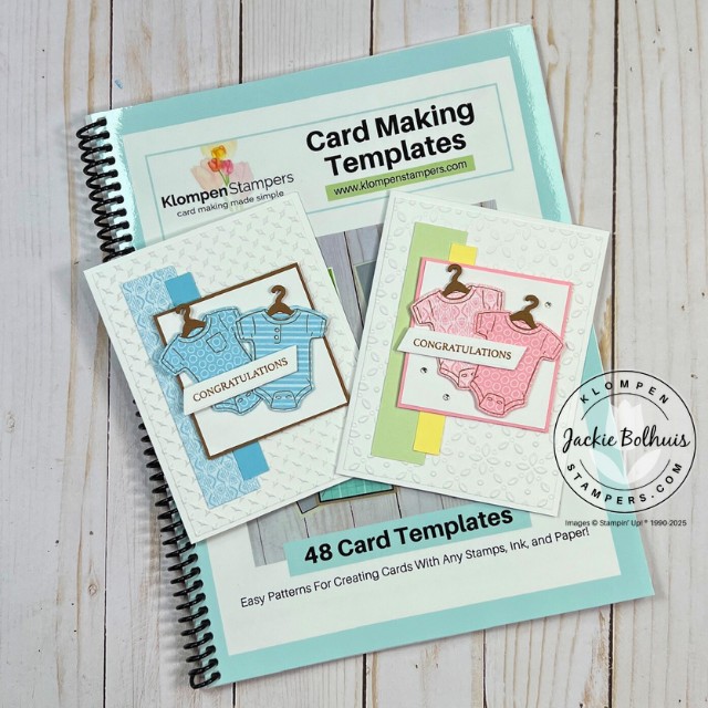 Two baby cards designed with the Stampin' Up! Cutest Onesie Bundle, one with blue onesies and the other with pink onesies, lying on top of the 48 Card Making Templates resource book.