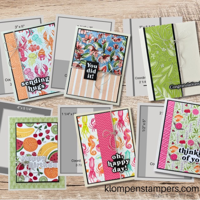 Different handmade cards lying on top of the card making templates that they were designed from.