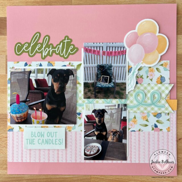 A page from the Stampin' Up! Wildflower Celebrations scrapbooking kit. Page has three dog photos celebrating a birthday.