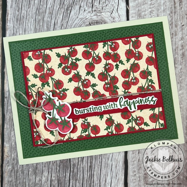 An any occasion card designed with tomatoes on vines printed paper.