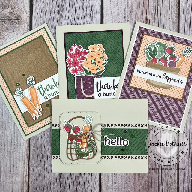Four handmade cards for a card making project to teach about fussy cutting designs from the To Market Designer Series Paper. All cards have a farmers market theme to them.
