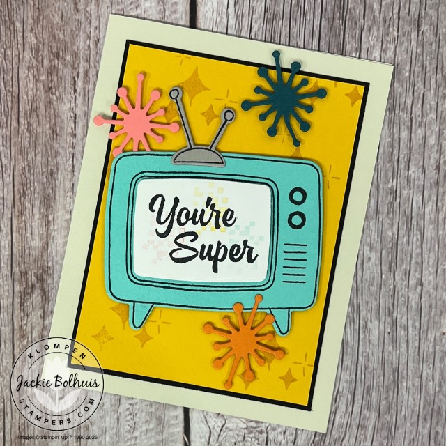 A fun any occasion handmade card designed with the blue retro TV and bright yellow background.