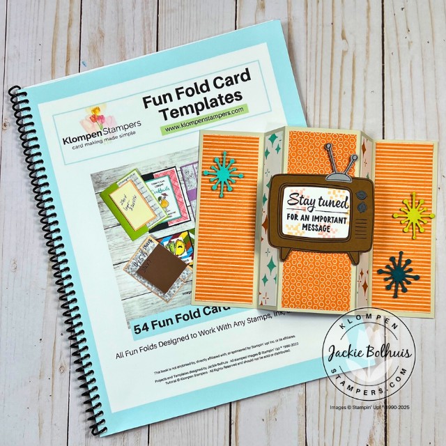 A triple panel standing fun fold card lying on top of the Klompen Stampers 54 Fun Fold Card Templates resource book. Card is designed with the Stampin' Up! Tune In Bundle.