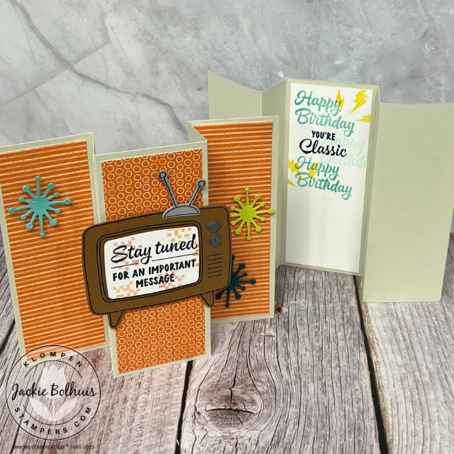 The front side and back side of the triple panel standing fun fold card. Card is retro themed designed with the Tune In Bundle. Card has orange designer series paper on the panels and a retro TV as the focal image.