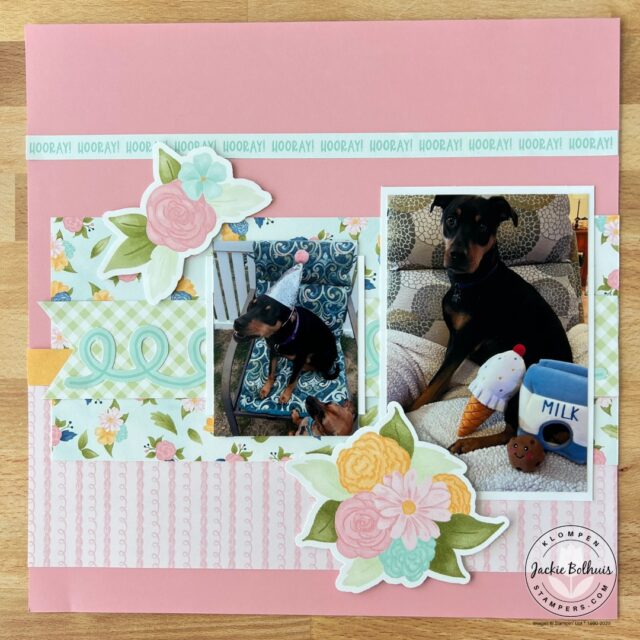 A page from the Stampin' Up! Wildflower Celebrations scrapbooking kit. Page has two dog photos.