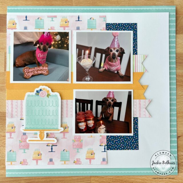 A page from the Stampin' Up! Wildflower Celebrations scrapbooking kit. Page has three dog photos celebrating a birthday.