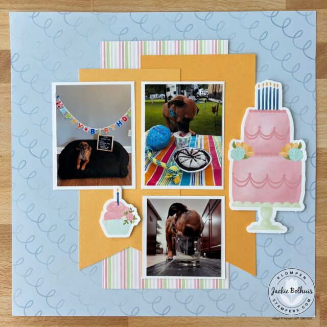 A page from the Stampin' Up! Wildflower Celebrations scrapbooking kit. Page has three dog photos celebrating a birthday.