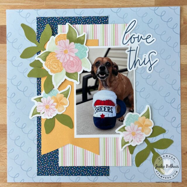 A page from the Stampin' Up! Wildflower Celebrations scrapbooking kit. Page has one dog photo.