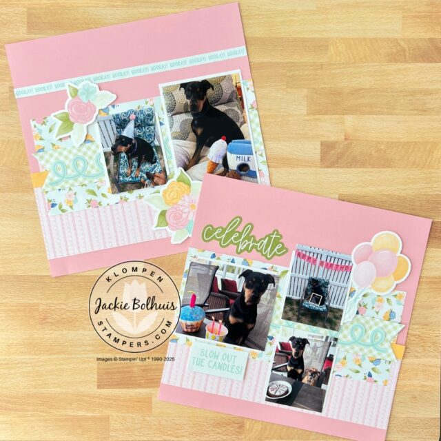 Two page spread from the Stampin' Up! Wildflower Celebrations scrapbooking kit.